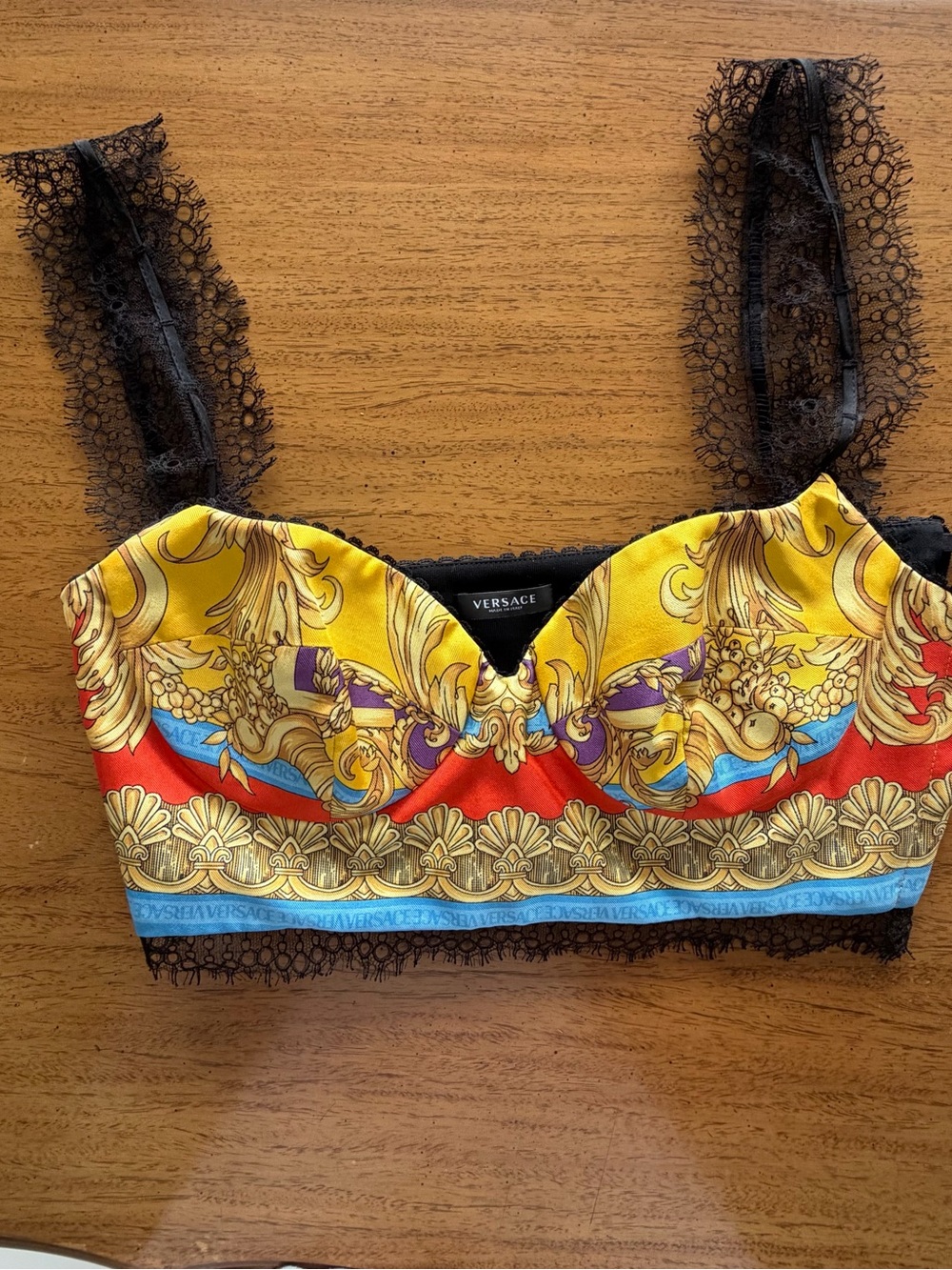 Versace Multicolor Baroque Lace-Trim Cropped Bustier Top